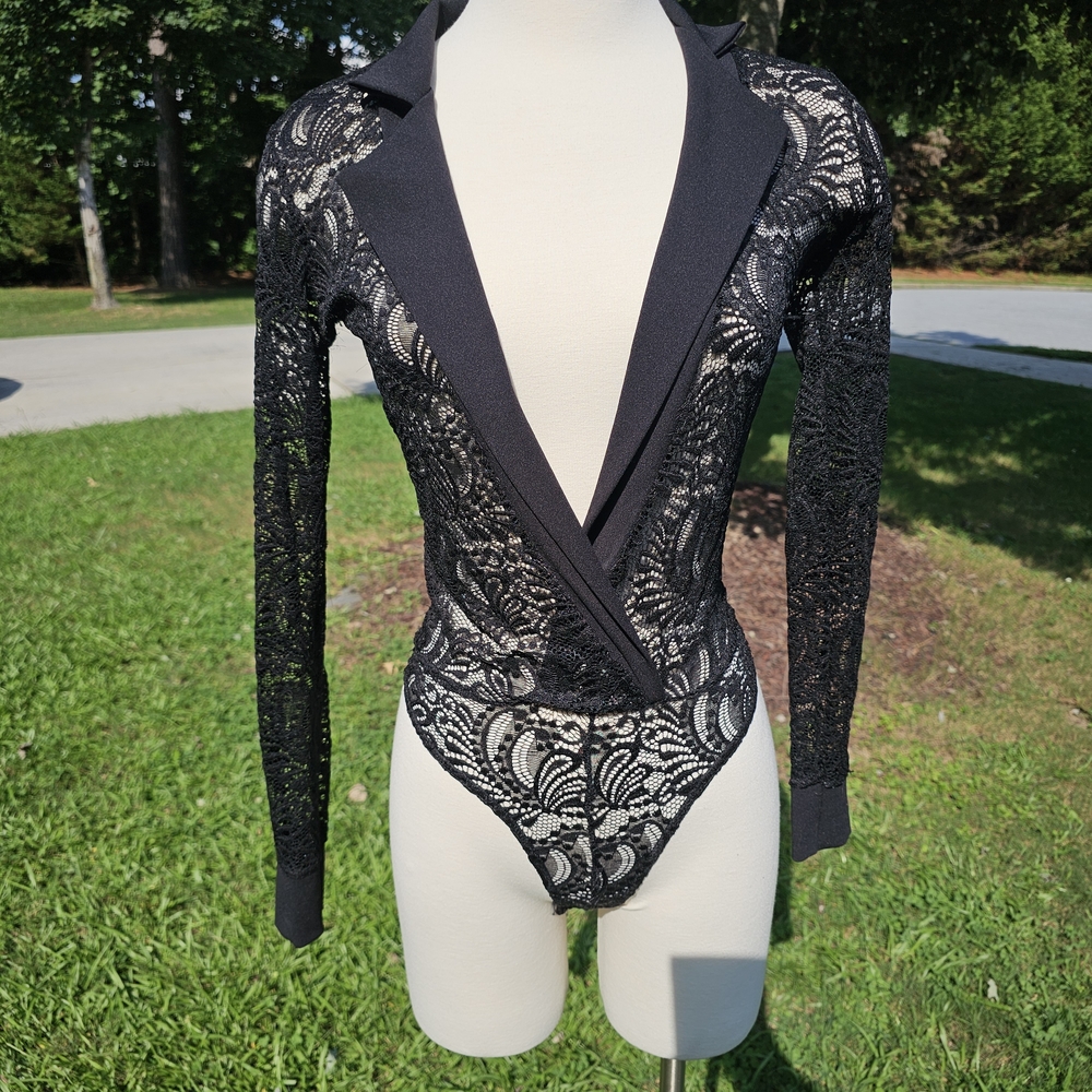 PrettyLittleThing Black Lace Bodysuit – Size 0 | Deep V Neck | Long Sleeve